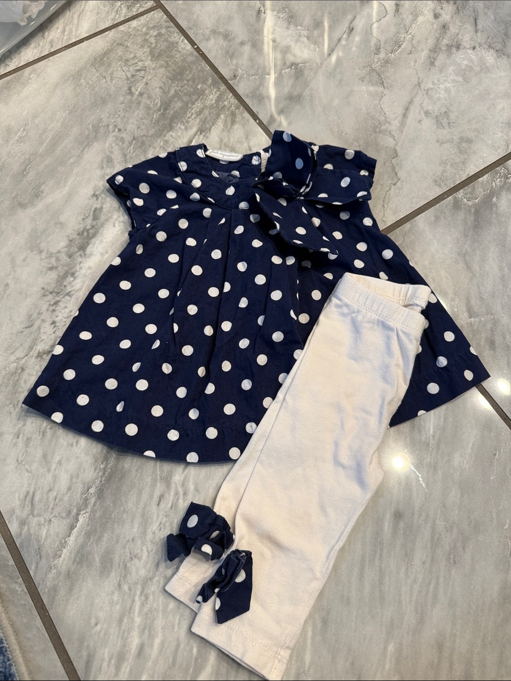 First Impressions Navy & White Polka Dot Tunic with White Leggings - Picture 1 of 1